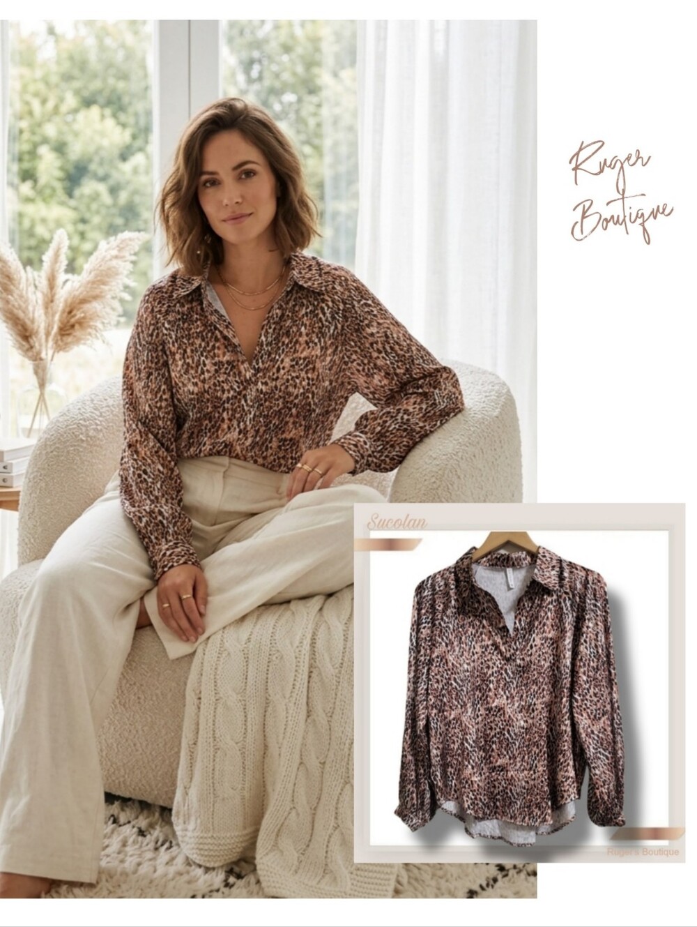 🌿Sucolan Women's Medium Satin Leopard Print Blouse 🐆